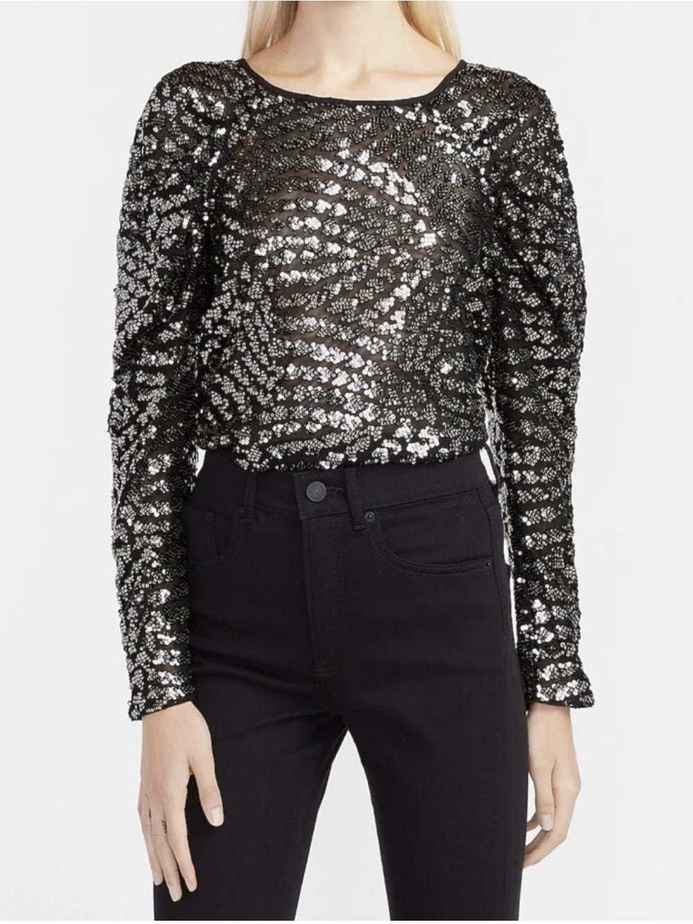 Express Black Sequin Puffed Ruched Long Sleeved Top. Size XS. NEW.